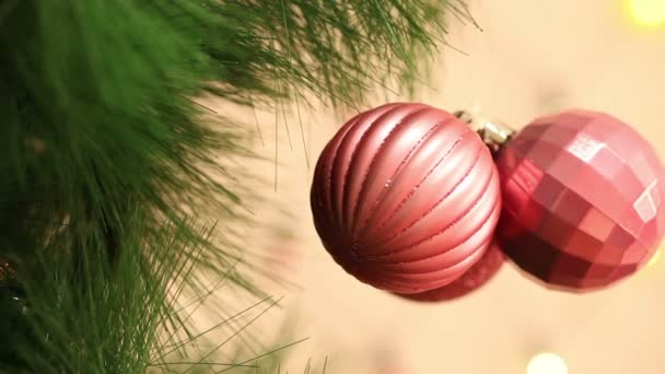 Un ramo de bolas rojas colgando en el árbol de Navidad . — Vídeo de stock