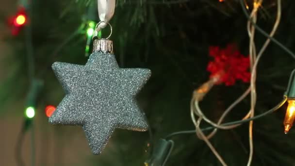 Decorazioni natalizie a forma di stella. Albero di Natale decorato. Contesto — Video Stock
