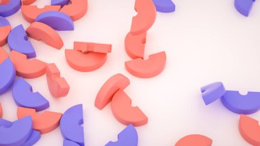 Kırmızı ve mavi üç boyutlu yarım halkalar beyaz arka plana saçılmış. 3d resimleme