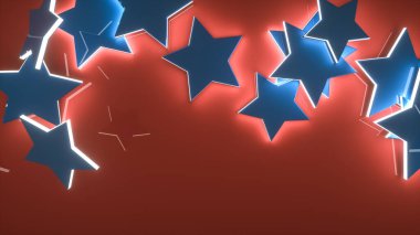 Kırmızı arka planda mavi parlayan yıldızlar. Soyut arkaplan. 3d resimleme