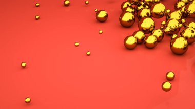 Kırmızı zemin üzerinde üç boyutlu altın kürelerin soyut arkaplanı. 3d resimleme
