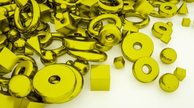 Beyaz bir zemin üzerinde üç boyutlu altın geometrik şekillerin soyut arkaplanı. 3d resimleme