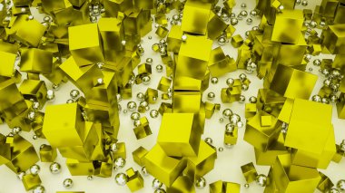Krom küreler ve altın küplerin soyut arkaplanı. 3d resimleme