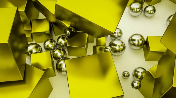 Resumo Fundo Esferas Cromadas Cubos Dourados Renderizar Ilustração — Fotografia de Stock