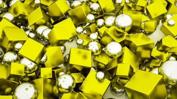 Abstracte Achtergrond Van Chromen Bollen Gouden Blokjes Illustratie Weergeven — Stockfoto