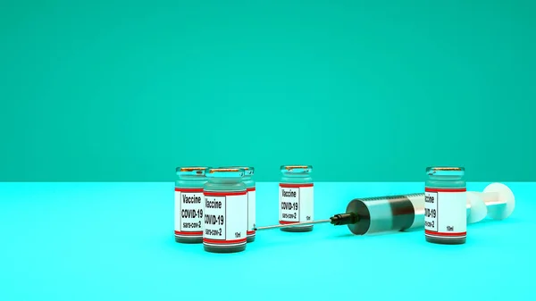 Einweg Plastikspritzen Und Coronavirus Impfdosen Weltpandemiekonzept Render Illustratio — Stockfoto