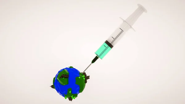 Disposable Plastic Syringe Stuck Low Poly Planet White Background World — Stock Photo, Image