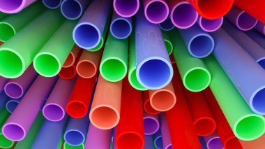 Çok renkli plastik tüplerin arka planı. 3d resimleme