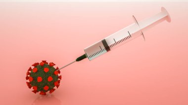 Tek kullanımlık şırınga virüsün stilize edilmiş bir modelini enjekte eder. Koronavirüs aşısı konsepti. 3d resimleme