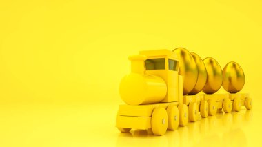 oyuncak tren modeli ve altın yumurta. Paskalya arka planı. 3d resimleme