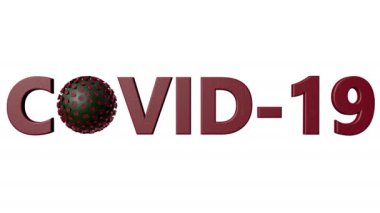 Coronavirus 'un 3 boyutlu animasyon modeli ve beyaz arkaplanda Covid-19 yazıları. 3d hazırlayıcı