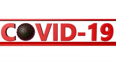 Coronavirus 'un 3 boyutlu animasyon modeli ve beyaz arkaplanda Covid-19 yazıları. 3d hazırlayıcı
