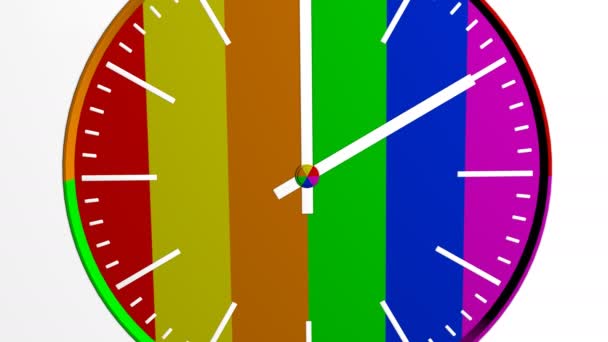 Three Dimensional Clock Rainbow Dial Rotating Arrows White Background Render — Stock Video