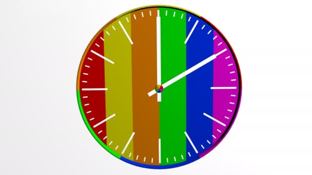 Three Dimensional Clock Rainbow Dial Rotating Arrows White Background Render — Stock Video