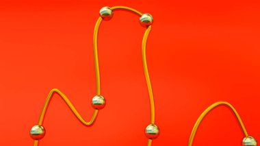 Kırmızı arka planda parlak çelik topları olan soyut kıvrımlı altın tüp. 3d resimleme