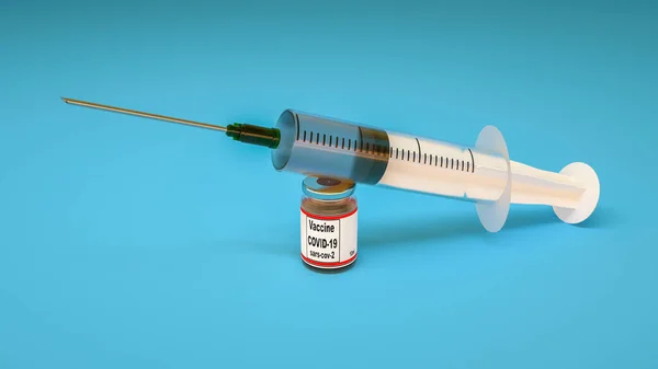 a disposable syringe and a can of covid-19 vaccine. coronavirus vaccination concept. 3d render illustration