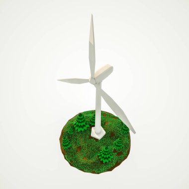 Rüzgâr çiftliğinin düşük polimerli modeli. Alternatif enerji kavramı 3d resimleme