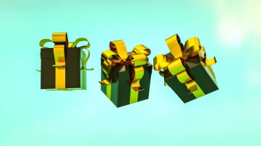 Turkuaz arka planda altın kurdeleli koyu renkli hediye kutuları. 3d resimleme