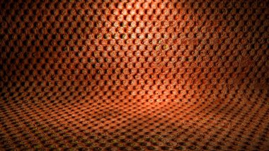 kıvrımlı eski metal arka plan. Ortadaki boş podyum. 3d resimleme