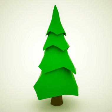 Beyaz arka planda yeşil bir Noel ağacının üç boyutlu düşük polimerli modeli. 3d resimleme