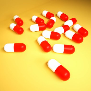 Sarı-turuncu arka planda kırmızı-beyaz haplar. 3d resimleme