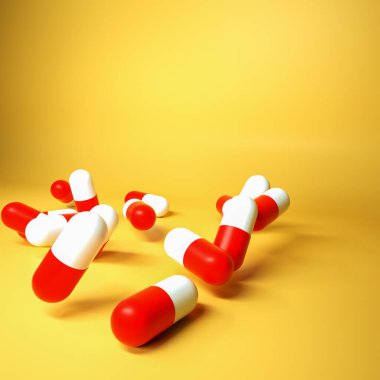 Sarı-turuncu arka planda kırmızı-beyaz haplar. 3d resimleme