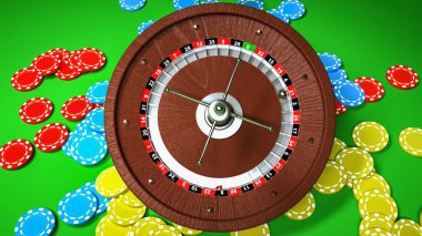 Yeşil arka planda çipleri olan üç boyutlu bir rulet modeli. 3d resimleme