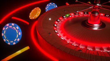 Rulet tekerleğinin üç boyutlu modeli. Arka planında çipler var. 3d resimleme