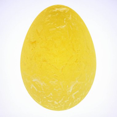 Beyaz arka planda desenli kabuklu üç boyutlu sarı yumurta. 3d resimleme