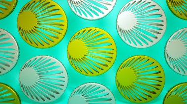 Mavi arka planda üç boyutlu gümüş ve altın halkalar. 3d resimleme