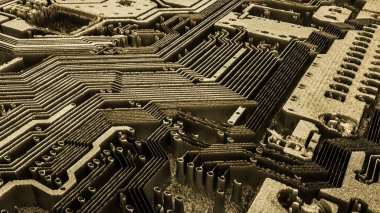 Üç boyutlu karanlık dijital arkaplan. Stilize devre kartı soyutlaması. 3d resimleme