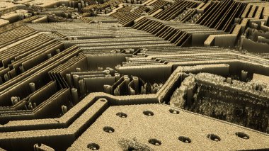 Üç boyutlu karanlık dijital arkaplan. Stilize devre kartı soyutlaması. 3d resimleme