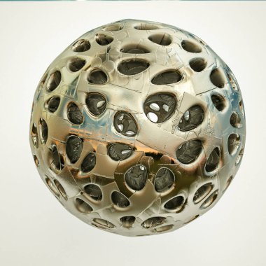 Düz olmayan metal kaplama küresi, beyaz arka planda dokusu var. 3d resimleme