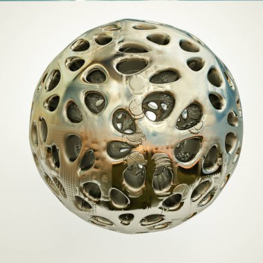 Düz olmayan metal kaplama küresi, beyaz arka planda dokusu var. 3d resimleme