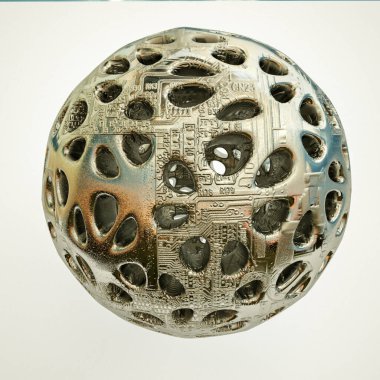 Düz olmayan metal kaplama küresi, beyaz arka planda dokusu var. 3d resimleme