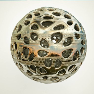 Düz olmayan metal kaplama küresi, beyaz arka planda dokusu var. 3d resimleme