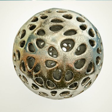 Düz olmayan metal kaplama küresi, beyaz arka planda dokusu var. 3d resimleme