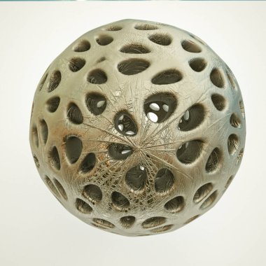 Düz olmayan metal kaplama küresi, beyaz arka planda dokusu var. 3d resimleme