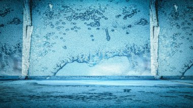 Üç boyutlu soyut boş oda. Duvarında ve zemininde buz deseni var. arkaplan boşluğu. 3d resimleme