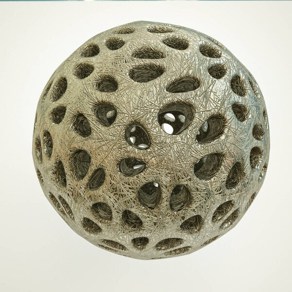 uneven metal openwork sphere with texture on a white background. 3d render illustration