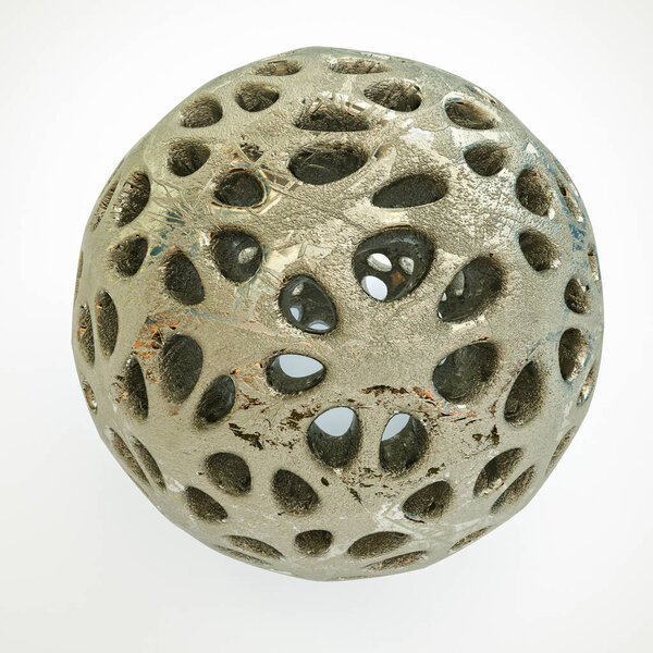 uneven metal openwork sphere with texture on a white background. 3d render illustration
