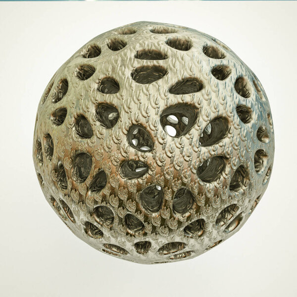 uneven metal openwork sphere with texture on a white background. 3d render illustration