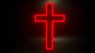 Siyah arka planda parlayan Hıristiyan haçı. 3d resimleme