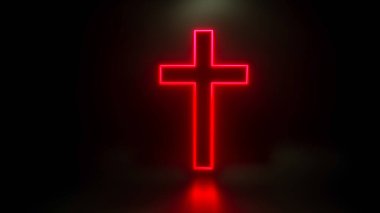 Siyah arka planda parlayan Hıristiyan haçı. 3d resimleme