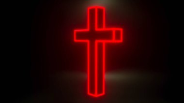 Siyah arka planda parlayan Hıristiyan haçı. 3d resimleme