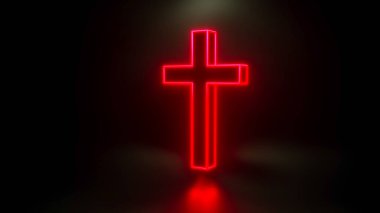 Siyah arka planda parlayan Hıristiyan haçı. 3d resimleme