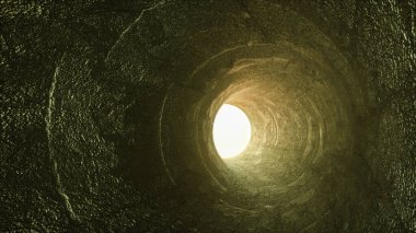Üç boyutlu, desenli duvarlı bir tünel. Tünelin sonundaki ışık. 3d resimleme