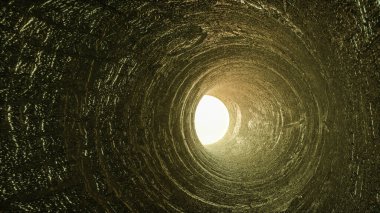 Üç boyutlu, desenli duvarlı bir tünel. Tünelin sonundaki ışık. 3d resimleme