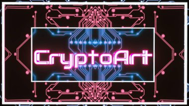 Işıldayan devre kartlarının arka planında üç boyutlu şifreleme sanatı parlıyor. Kripto sanat konsepti. 3d resimleme