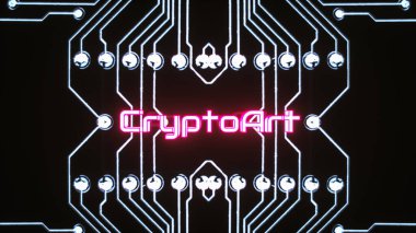 Işıldayan devre kartlarının arka planında üç boyutlu şifreleme sanatı parlıyor. Kripto sanat konsepti. 3d resimleme